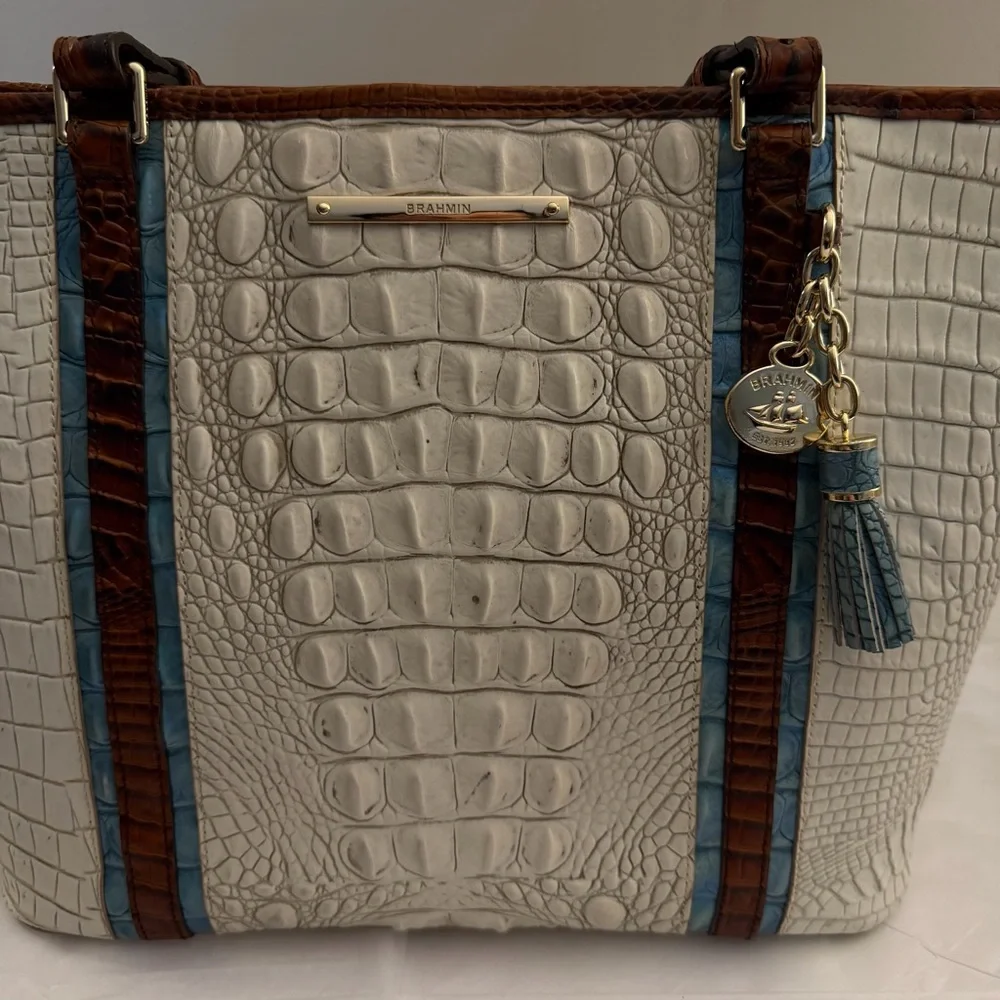BRAHMIN HANDBAG, Medium Asher - Coconut Soraya Leather Tote Handbag, VERY GOOD.